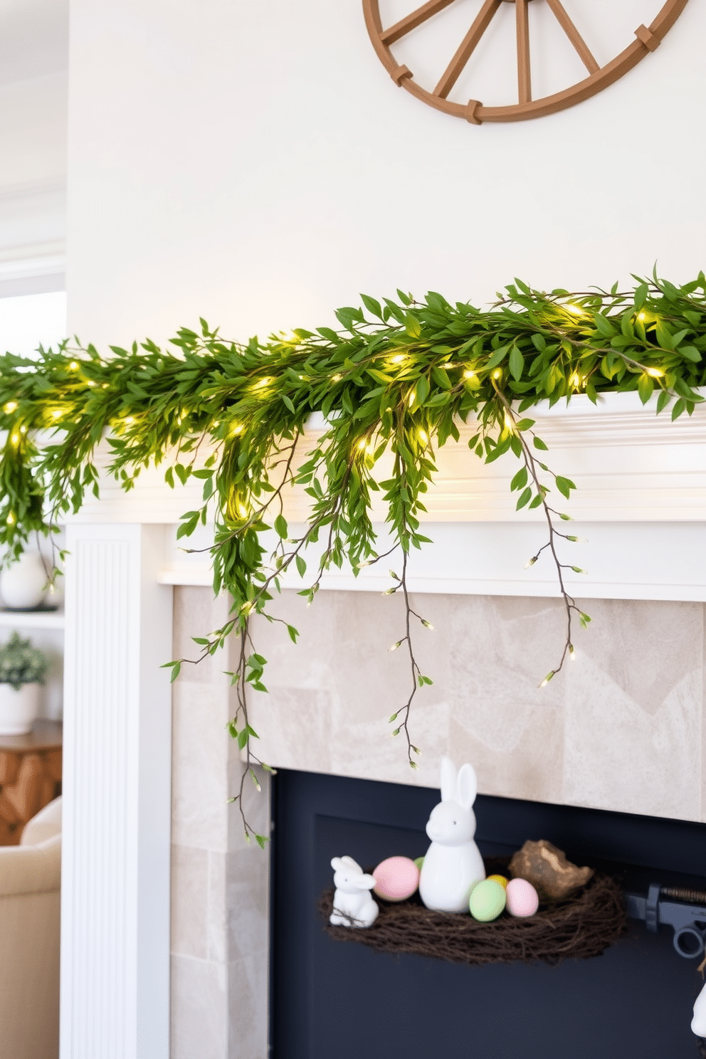 A lush greenery garland drapes elegantly across the mantel, intertwined with delicate fairy lights that twinkle softly. Seasonal accents like pastel-colored eggs and small ceramic bunnies are artfully arranged to enhance the spring theme.