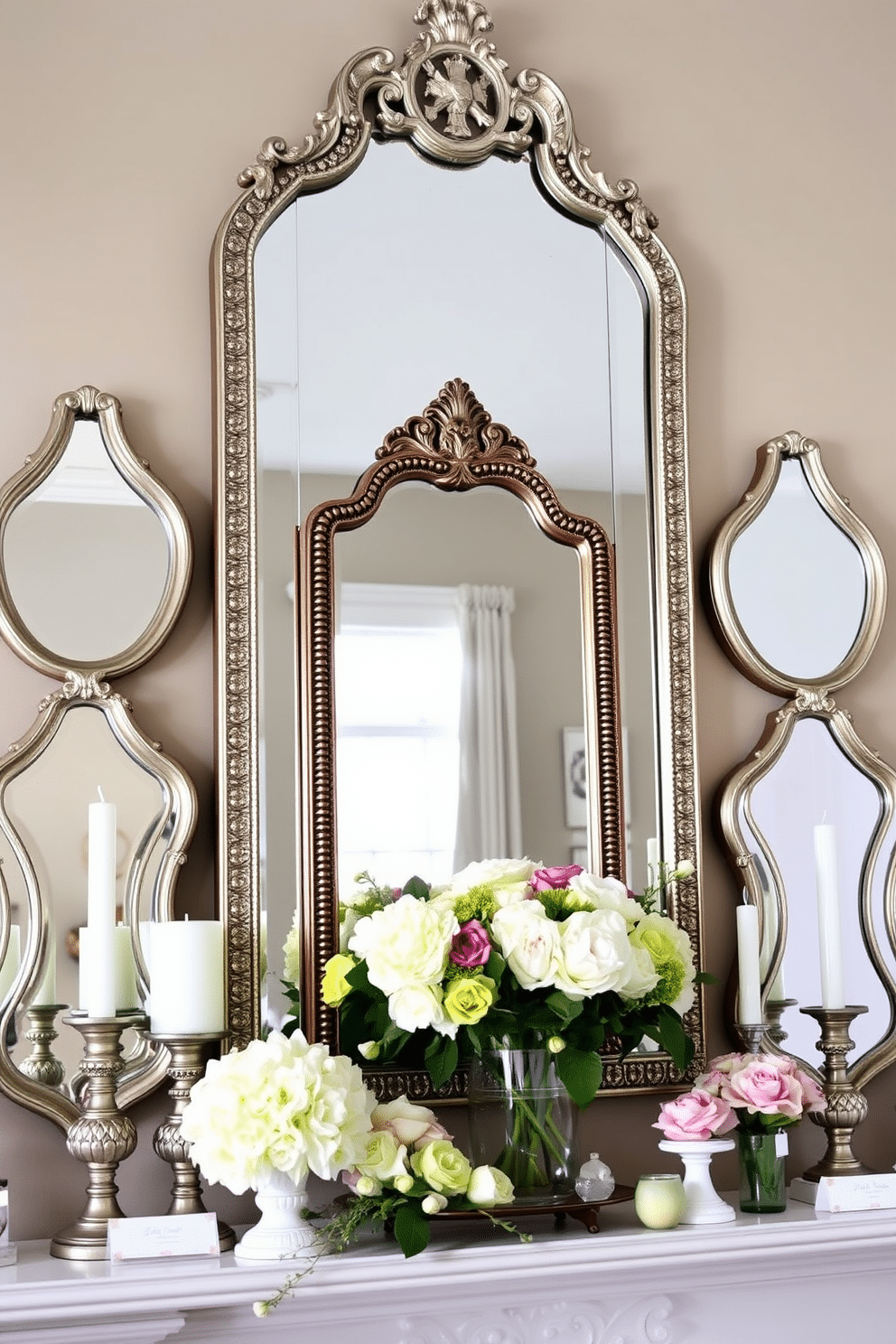 Layered mirrors create a stunning visual effect by reflecting light and enhancing the sense of space. The arrangement includes a large ornate mirror as the focal point, flanked by smaller mirrors with unique shapes and finishes. For spring mantel decorating, incorporate fresh flowers, pastel-colored candles, and seasonal decor items. Arrange these elements harmoniously to evoke a cheerful and inviting atmosphere.