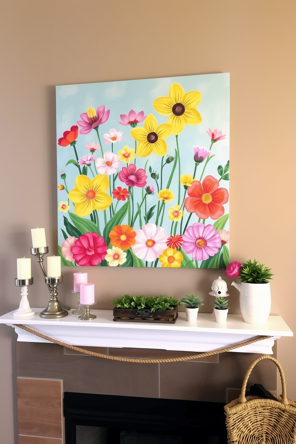 A vibrant spring-themed artwork hangs above the mantel, featuring bright flowers and cheerful colors that evoke the essence of the season. The mantel is adorned with decorative elements such as pastel candles, small potted plants, and a woven basket, creating a fresh and inviting atmosphere.