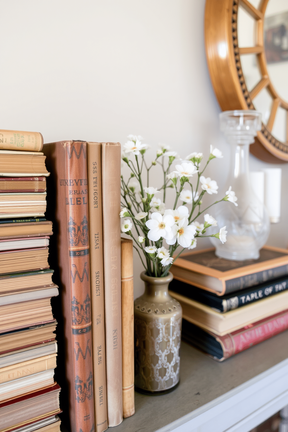 A charming mantel adorned with vintage books stacked neatly on one side. Delicate flowers in a rustic vase add a touch of springtime freshness to the arrangement.