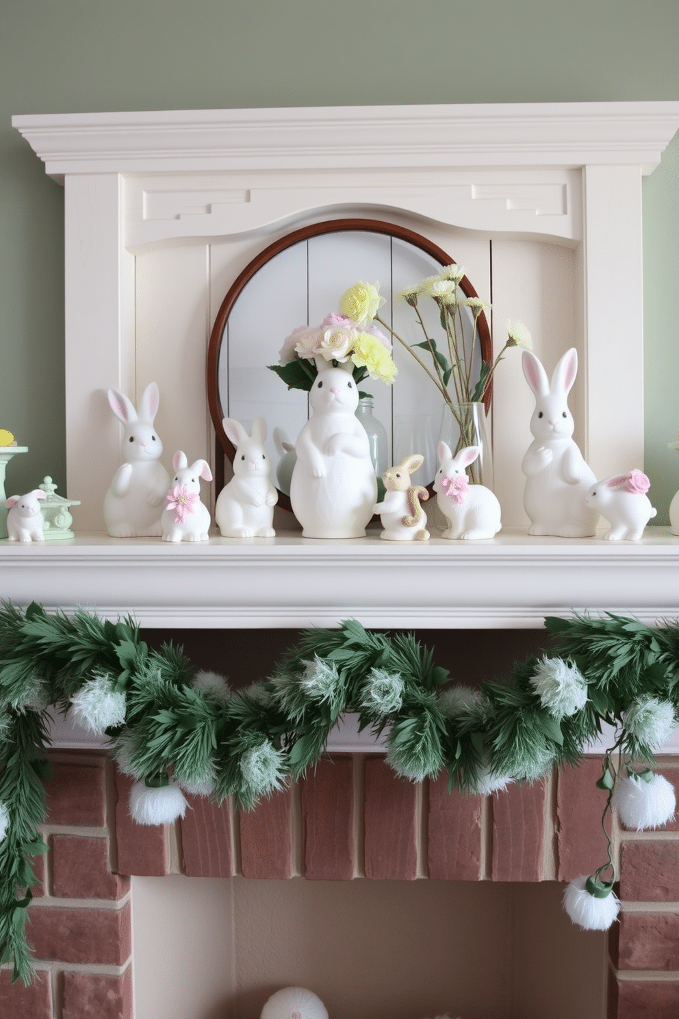 A charming spring mantel adorned with ceramic bunnies and delicate spring figurines. The display features pastel-colored accents and fresh flowers in a vase, creating a cheerful and inviting atmosphere. The mantel is topped with a light wooden shelf that complements the spring theme. Soft, fluffy garlands of greenery drape elegantly across the front, enhancing the seasonal decor.