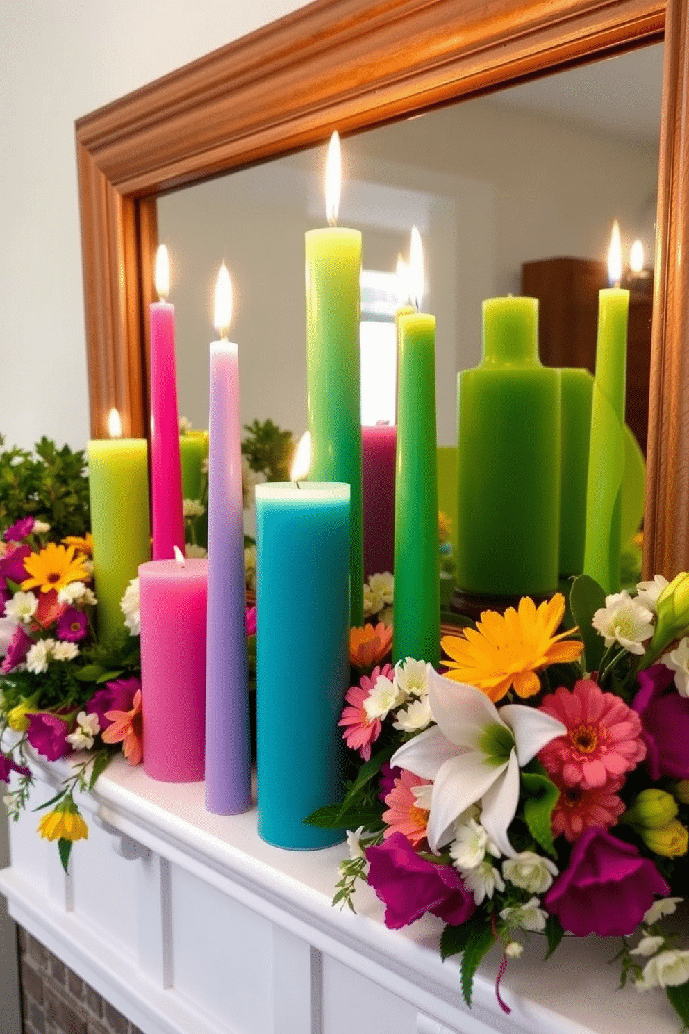 Brightly colored candles in varied heights create a vibrant focal point on the mantel. The arrangement includes candles of different sizes and shapes, surrounded by fresh spring flowers and greenery for a lively seasonal touch.