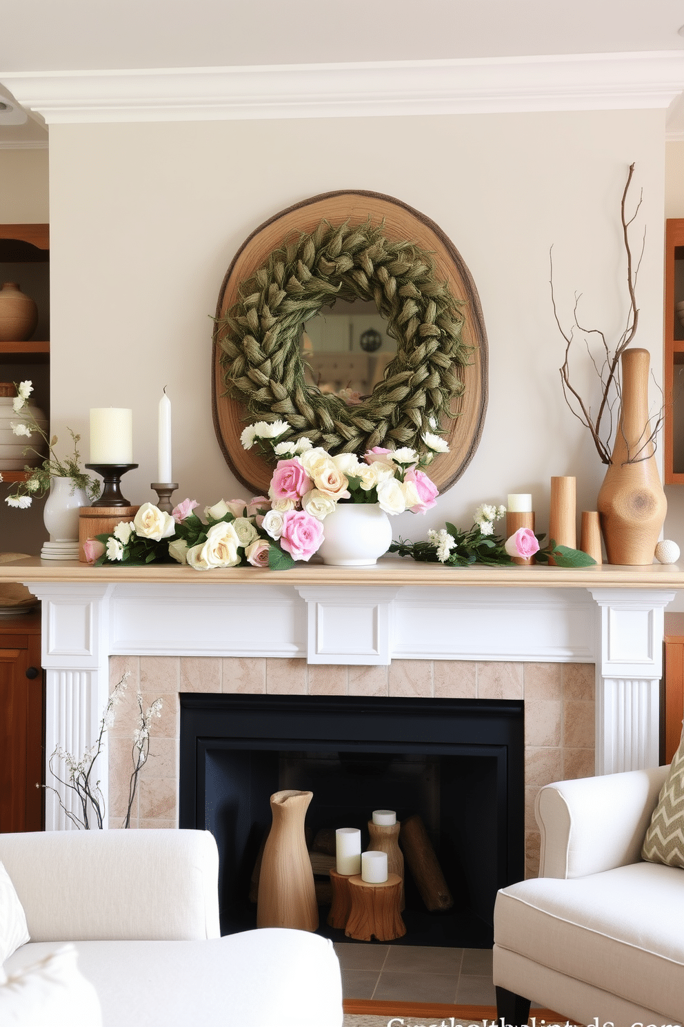 A cozy living room featuring a spring mantel decorated with natural wood accents. The mantel is adorned with fresh flowers in pastel tones, complemented by small wooden figurines and candles for a warm ambiance.