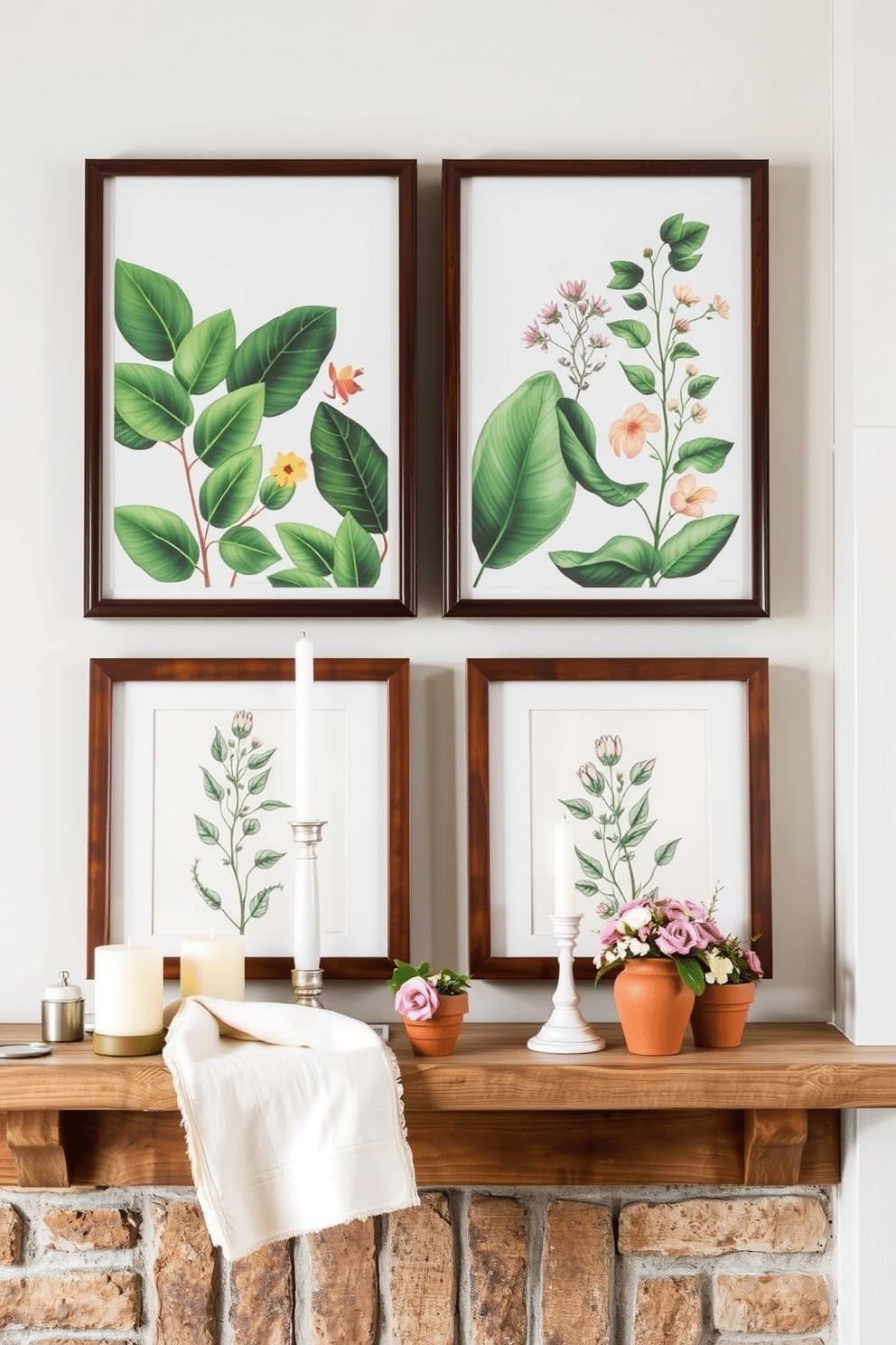 Framed botanical prints are elegantly arranged above a rustic wooden mantel, creating a vibrant focal point in the room. The prints feature a variety of lush green leaves and colorful flowers, enhancing the natural ambiance of the space. For spring mantel decorating ideas, delicate pastel-colored candles are placed alongside seasonal decorative elements like small terracotta pots filled with fresh blooms. A soft linen runner drapes across the mantel, adding texture and warmth to the overall design.