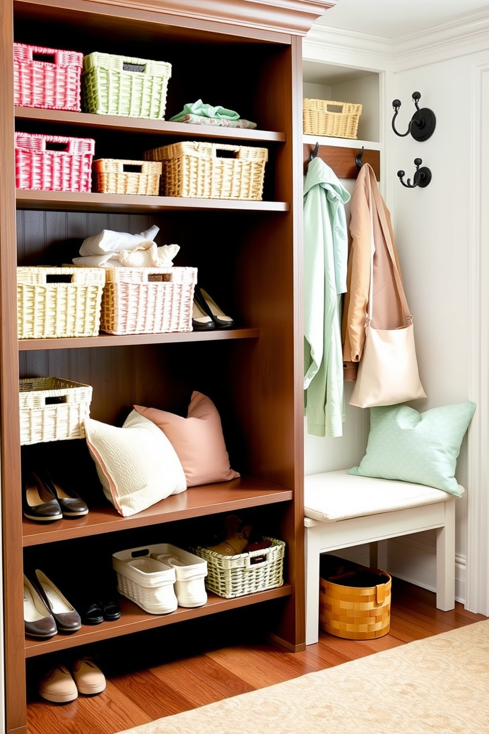 Brighten your spring mudroom with an array of pastel colored storage baskets that add a cheerful touch. Arrange the baskets on open shelving to create an organized and inviting space for shoes and outdoor gear. Incorporate light-colored furniture such as a bench with soft cushions for comfort. Add decorative hooks on the walls for hanging jackets and bags, enhancing both functionality and style.