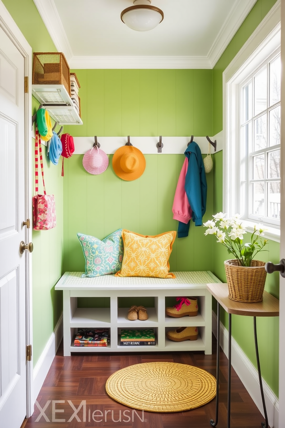 A charming mudroom filled with spring decor. The space features a small bench adorned with colorful cushions, providing a cozy spot to sit. Bright green walls create a fresh atmosphere, while natural light floods in through a large window. Hooks line the walls, holding vibrant jackets and hats, adding to the cheerful vibe.