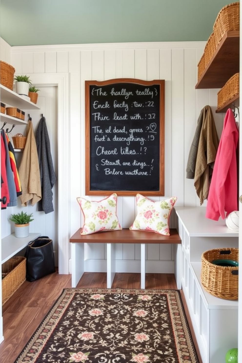 A charming mudroom features a spacious entryway with a stylish chalkboard mounted on the wall for notes and reminders. The decor includes bright spring colors with floral accents and a cozy bench adorned with patterned cushions. The floor is covered with a durable, weather-resistant rug that complements the overall design. Shelves are filled with woven baskets for storage, while hooks line the wall to hold jackets and bags, creating an organized yet inviting space.