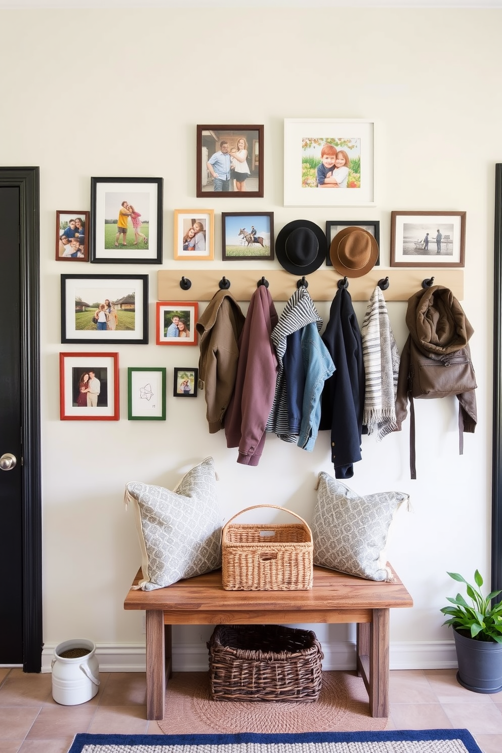 A charming mudroom gallery wall display featuring an assortment of framed family photos and colorful artwork. The wall is painted in a soft pastel hue, with a rustic wooden bench below adorned with patterned cushions and a woven basket for storage. Decorative hooks are mounted above the bench, displaying a mix of stylish jackets and hats. Potted plants and a small rug add warmth and personality to the space, creating a welcoming entrance for guests.