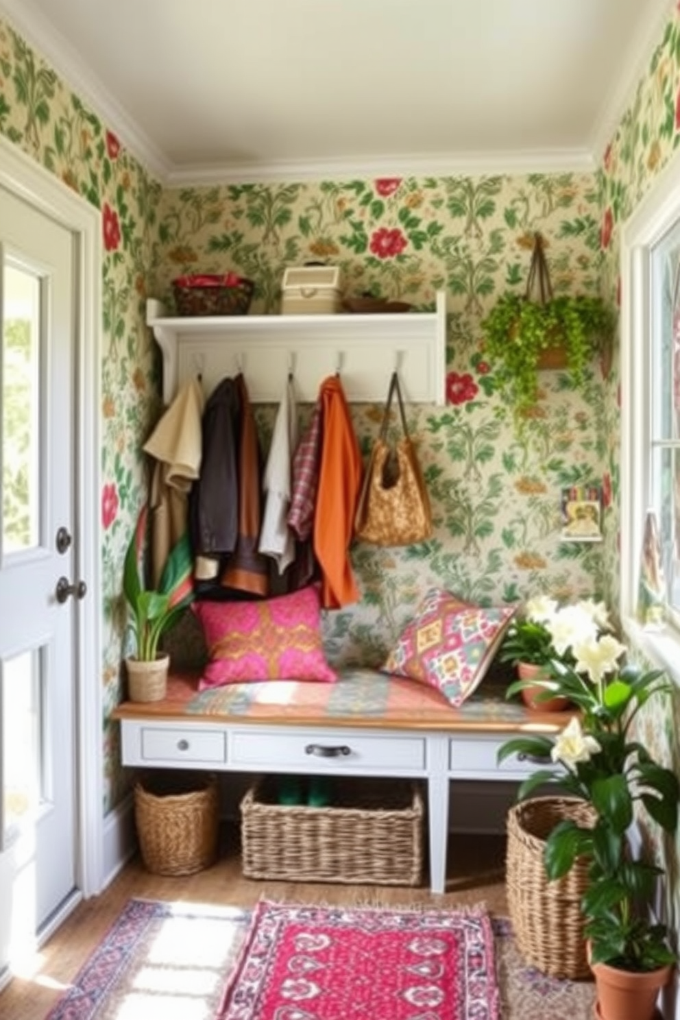 A cheerful mudroom adorned with vibrant patterned wallpaper featuring floral and geometric designs. The space is brightened by natural light streaming through a large window, highlighting a cozy bench with colorful cushions. A wooden coat rack stands against one wall, overflowing with jackets and bags, while a woven basket sits beneath for shoes. Potted plants add a touch of greenery, complementing the lively atmosphere of this spring-inspired mudroom.