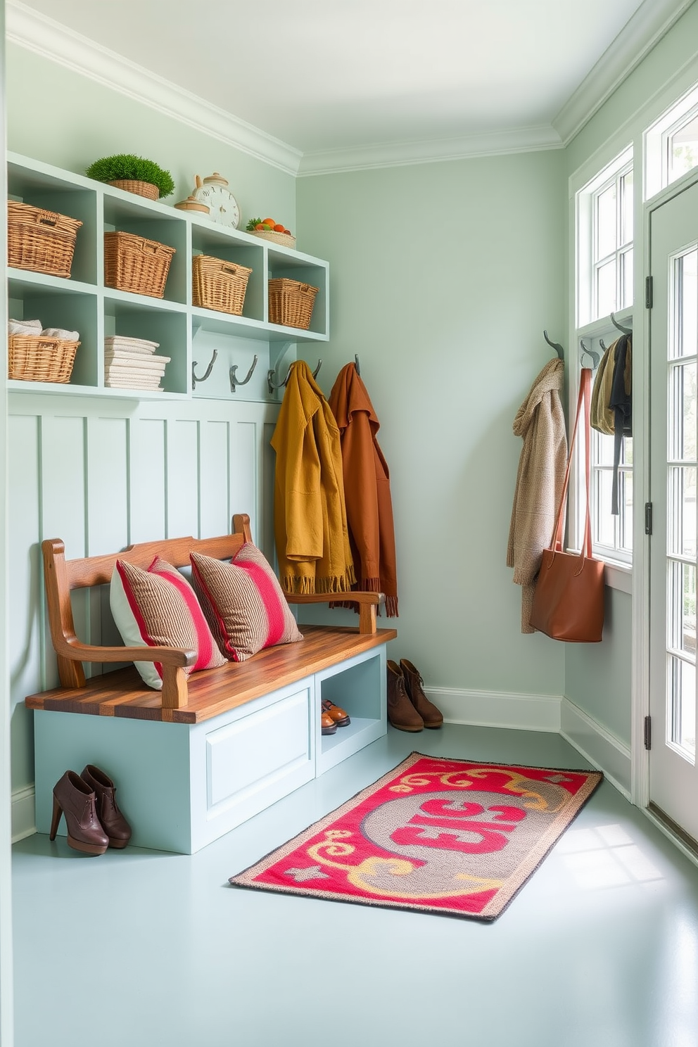 A vibrant mudroom adorned with a colorful welcome mat at the entrance sets a cheerful tone. The walls are painted in a soft pastel hue, complemented by open shelving displaying neatly arranged baskets and seasonal decor. A rustic bench with plush cushions provides a comfortable spot for putting on shoes. To the side, hooks line the wall, holding stylish coats and accessories, while a large window allows natural light to fill the space.