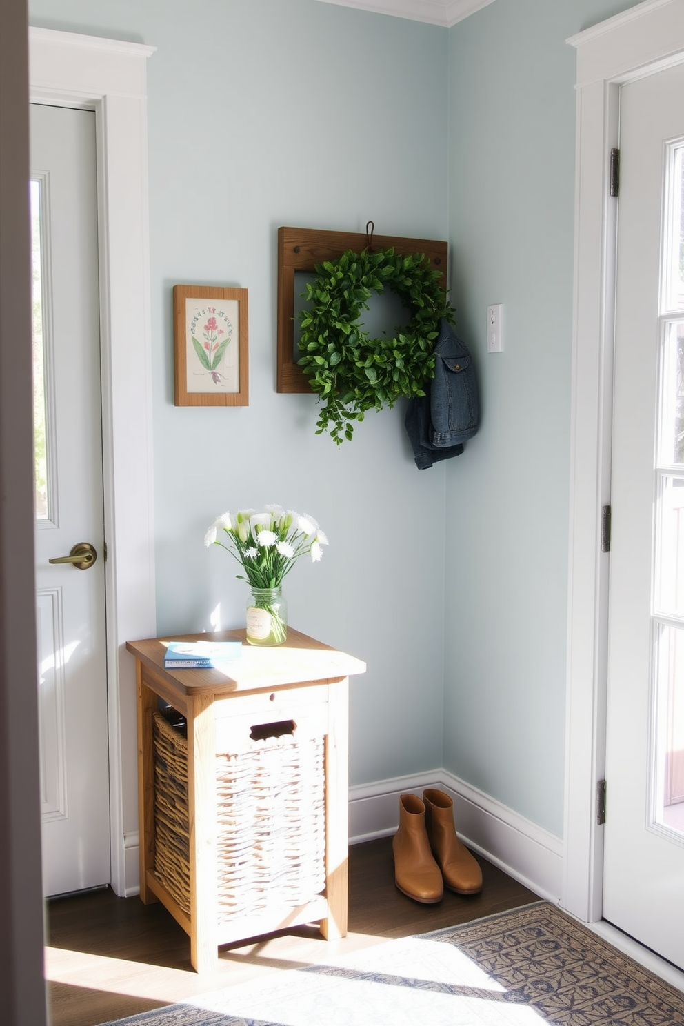 A charming mudroom filled with natural light. There is a small side table for keys made of reclaimed wood positioned near the entrance. The walls are painted in a soft pastel blue to evoke a fresh spring feel. A woven basket sits underneath the table, providing storage for shoes and outdoor gear.