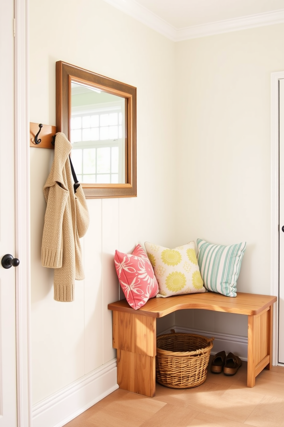 A bright and inviting mudroom features a combination of functional storage and decorative elements. The walls are painted in a soft pastel hue, and a rustic wooden bench is positioned against one side, adorned with colorful cushions. Above the bench, a large mirror reflects natural light, enhancing the spacious feel of the room. Hooks for coats and bags are mounted on the wall, and a woven basket sits beneath the bench for shoes, adding a touch of spring charm.