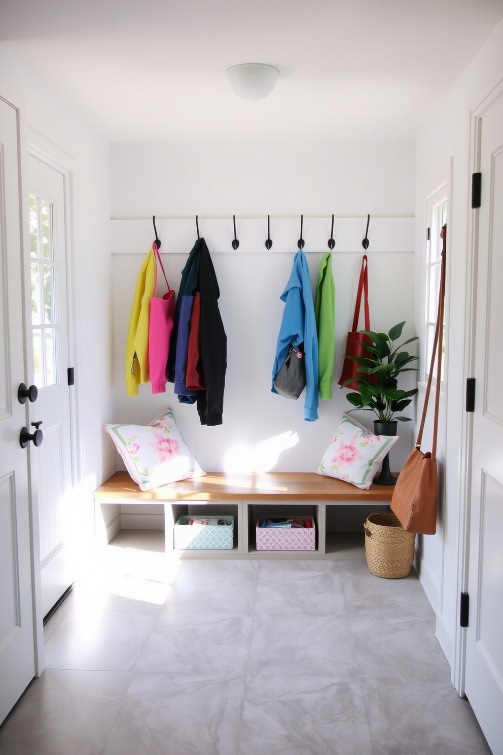 A cozy mudroom filled with natural light. The walls are painted in soft white, and the floor is covered with a durable light gray tile. A wooden bench with storage underneath is positioned against one wall. On the bench, there are floral patterned throw pillows in pastel colors, adding a touch of spring charm. To one side, a row of hooks holds colorful jackets and bags. A potted plant sits in the corner, bringing a fresh and vibrant feel to the space.