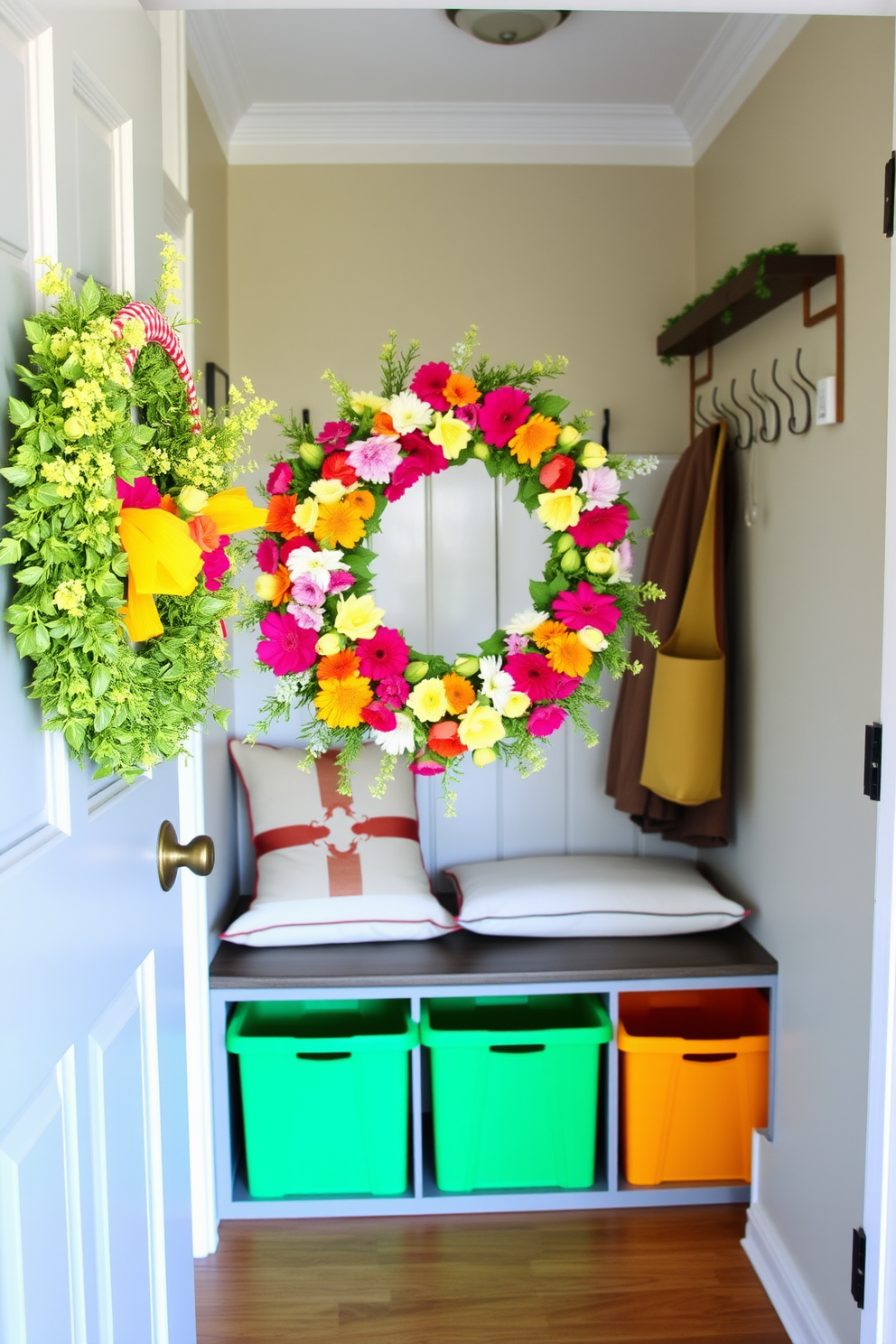 A welcoming mudroom adorned for spring. The door features a vibrant seasonal wreath made of fresh flowers and greenery, adding a pop of color to the entrance. Inside, a bench with soft cushions sits against the wall, complemented by hooks for coats and bags. Brightly colored storage bins are neatly arranged, providing a cheerful and organized space.