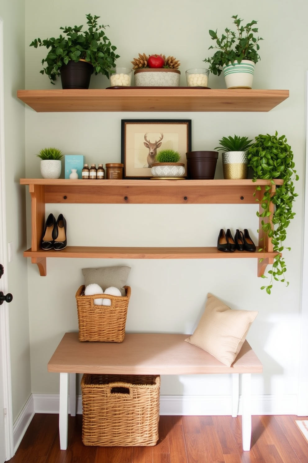 A bright and inviting mudroom features a tiered shelf made of reclaimed wood, providing ample space for shoes and seasonal decor. The walls are painted in a soft pastel color, and a woven basket sits on the bottom shelf for added organization. Potted plants and seasonal decorations adorn the upper shelves, creating a fresh and welcoming atmosphere. A stylish bench with plush cushions is placed beneath the shelf, inviting family and guests to sit and remove their shoes.