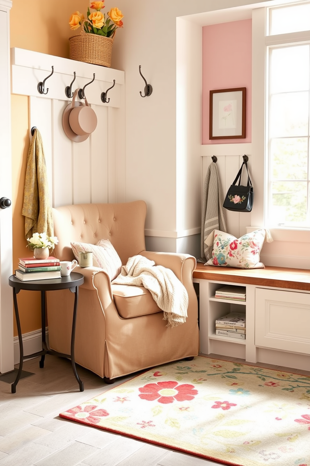 A cozy reading nook corner featuring a plush armchair upholstered in soft fabric, positioned next to a large window that lets in ample natural light. A small side table holds a steaming cup of tea and a stack of well-loved books, while a warm throw blanket drapes over the armchair. Spring mudroom decorating ideas that include a bright color palette with pastel hues on the walls and cheerful floral accents. A bench with built-in storage sits against one wall, surrounded by hooks for hanging coats and a stylish rug that adds a pop of color to the floor.