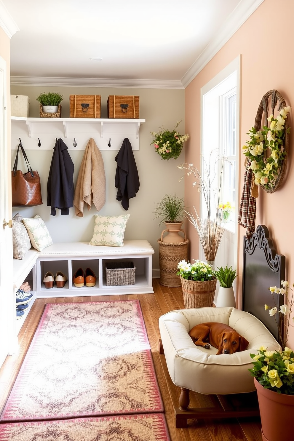 A bright and inviting mudroom features a spacious bench with soft cushions and built-in storage for shoes and outdoor gear. The walls are adorned with cheerful pastel colors, and a patterned rug adds warmth to the space, while hooks for coats and bags line the entryway. To the side, a small pet area is designed with a cozy dog bed and a decorative feeding station, seamlessly blending with the overall decor. Potted plants and seasonal decorations enhance the spring theme, creating a fresh and welcoming atmosphere.