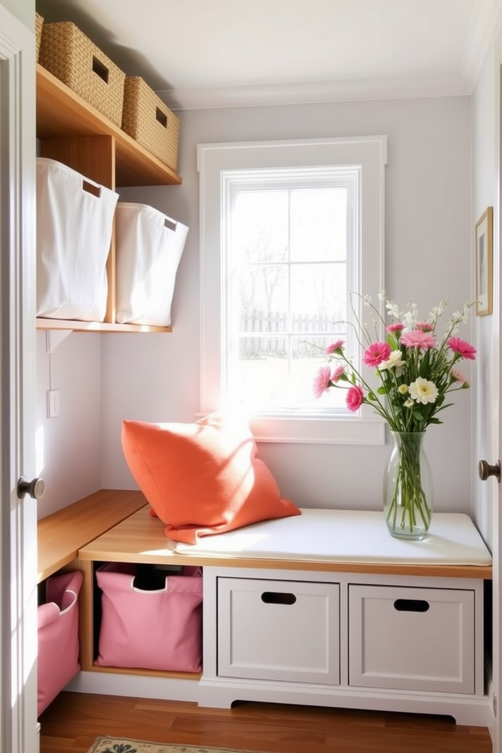 A welcoming mudroom designed for spring. The space features fabric bins in pastel colors for soft storage, neatly arranged on a wooden shelf. Natural light streams through a large window, illuminating a cozy bench adorned with colorful throw pillows. Fresh flowers in a vase add a cheerful touch to the room, complementing the light, airy atmosphere.