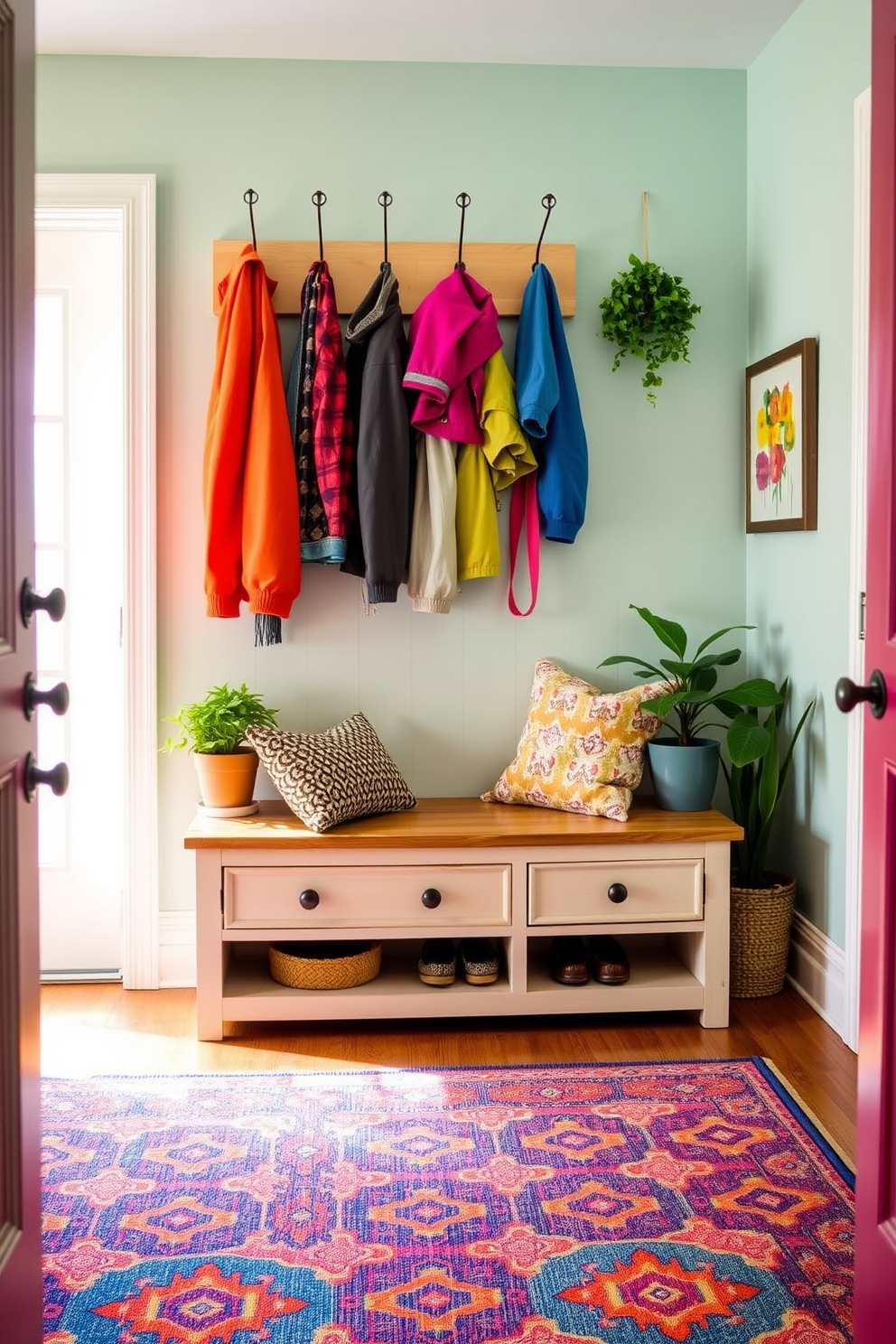 A bright and inviting mudroom features a vibrant area rug that adds warmth and color to the space. The walls are painted in a soft pastel hue, and a wooden bench with storage underneath provides a functional yet stylish seating area. Decorative hooks line the wall, showcasing a mix of colorful jackets and accessories. Potted plants and a cheerful artwork complete the look, creating a welcoming atmosphere for guests.