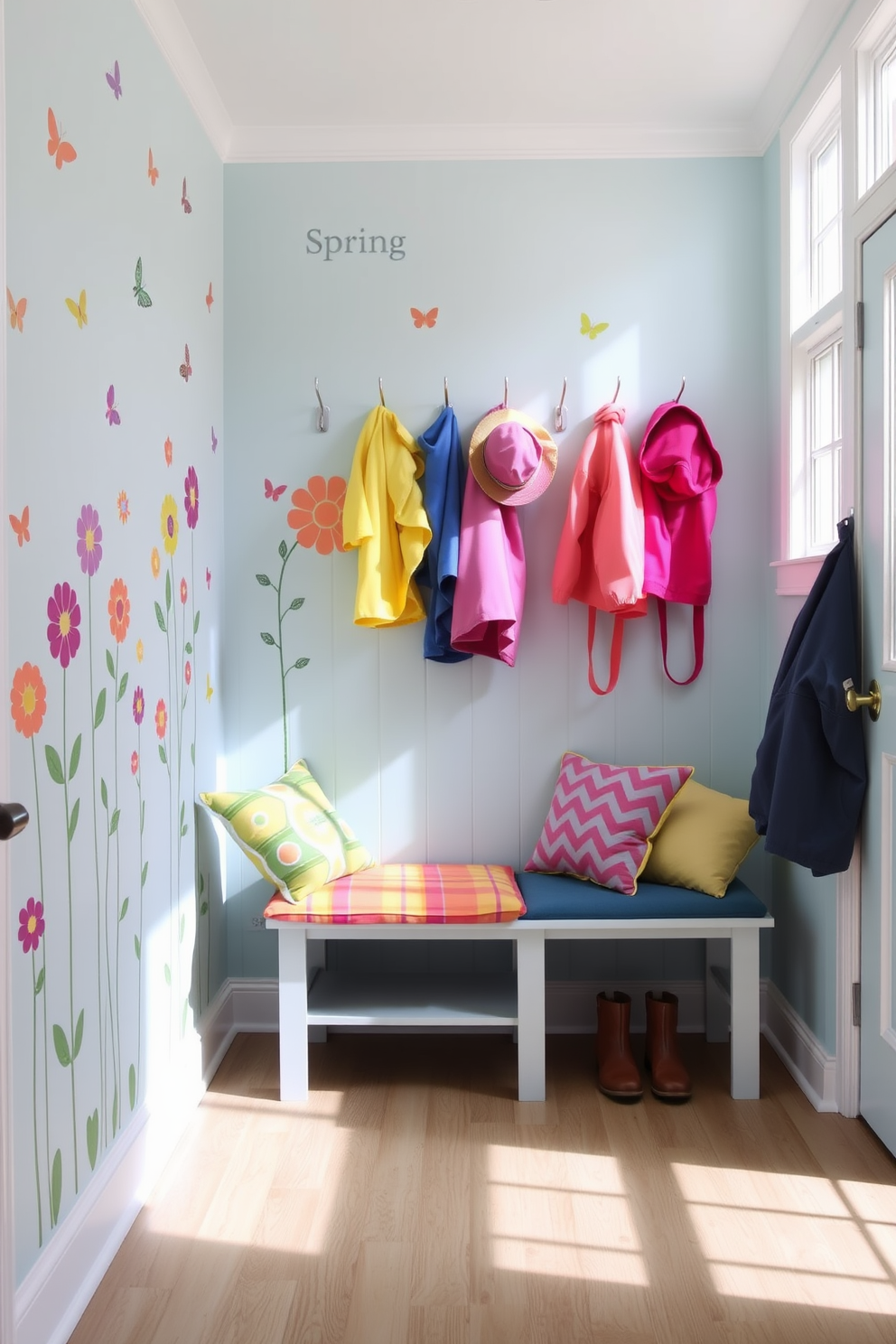 A cheerful mudroom filled with natural light. The walls are painted a soft pastel blue, adorned with playful wall decals of flowers and butterflies. A cozy bench with colorful cushions sits against one wall. Hooks above the bench hold vibrant raincoats and hats, creating a welcoming space for spring.