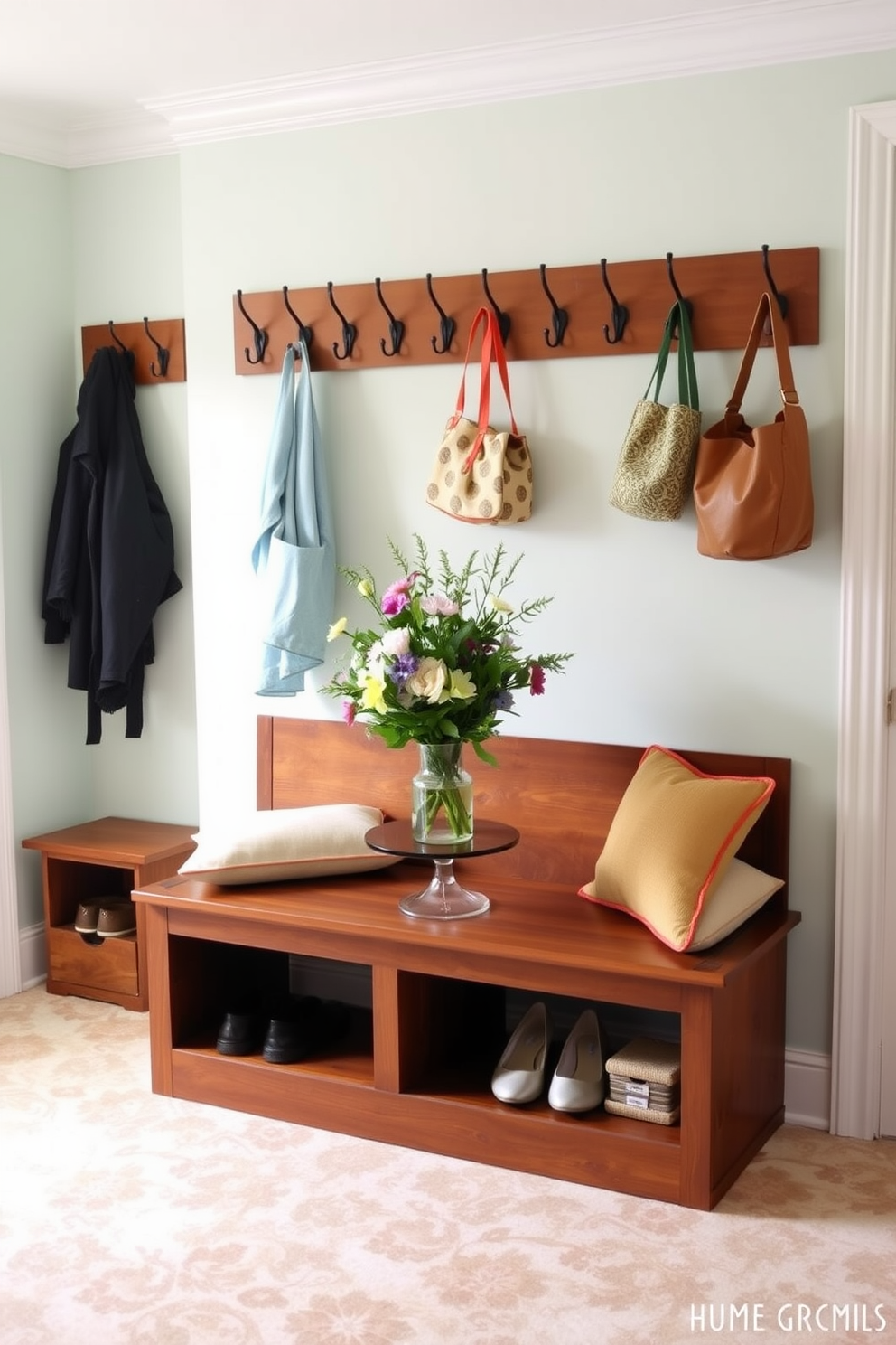 A bright and inviting mudroom features a large wooden bench with soft cushions, providing a comfortable spot to sit while removing shoes. Above the bench, a series of hooks are mounted on the wall for hanging coats and bags, creating an organized space. The walls are painted in a soft pastel color, enhancing the cheerful atmosphere. A fresh flower arrangement centerpiece sits on a small table, adding a touch of nature and warmth to the decor.