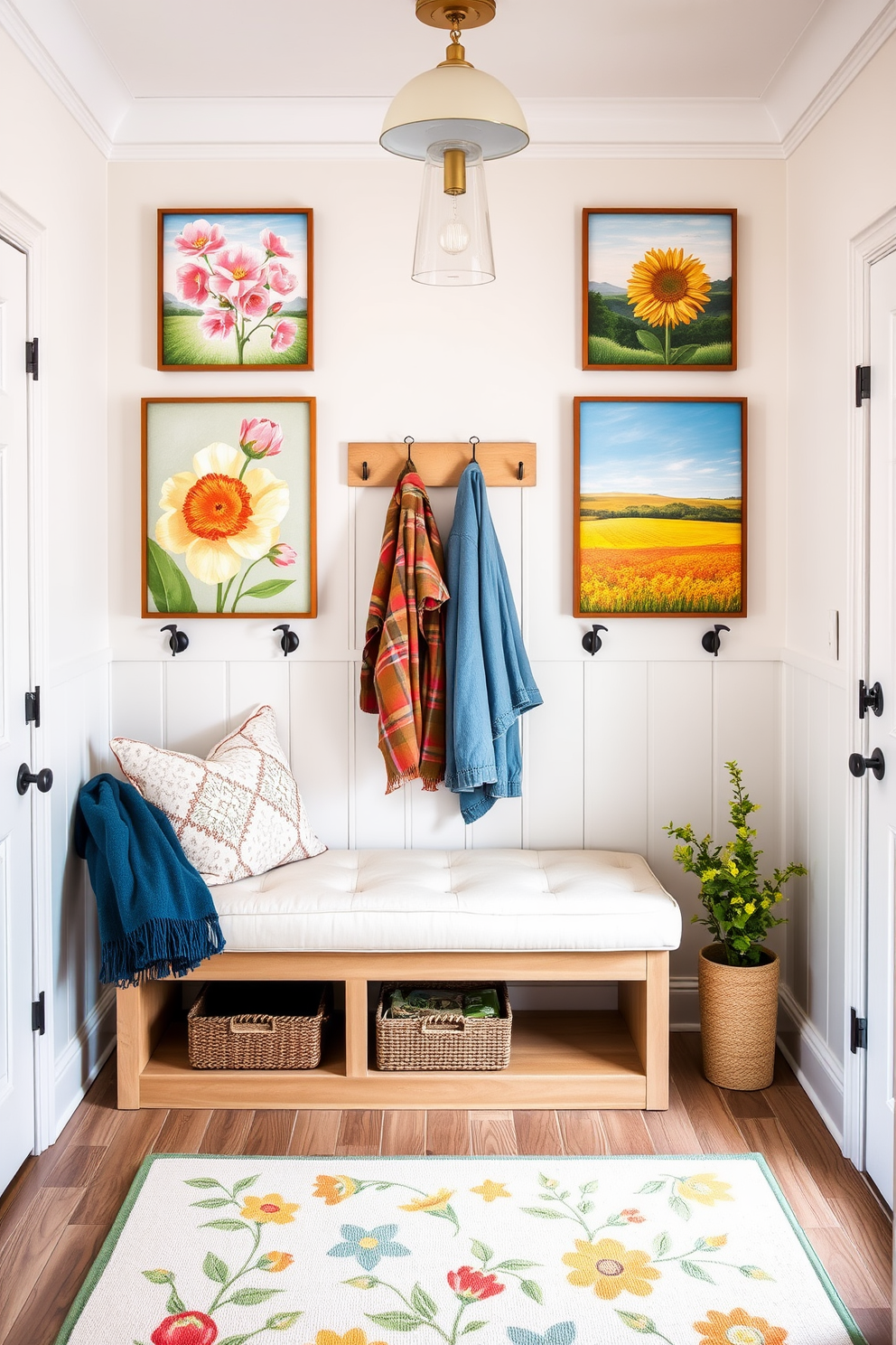 A bright and inviting mudroom features a cheerful color palette with soft pastel walls. Seasonal artwork depicting blooming flowers and vibrant landscapes is hung prominently, adding a pop of color and a sense of freshness. Functional storage solutions are incorporated, including a wooden bench with plush cushions and hooks for coats. A stylish area rug with a spring-themed pattern enhances the cozy atmosphere while providing a warm welcome.