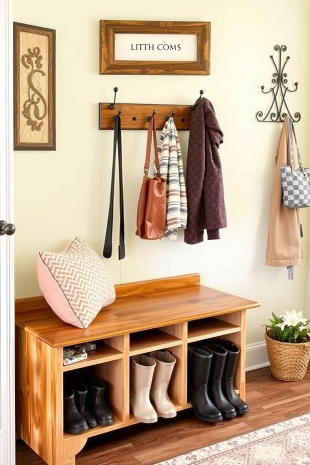 Create a stylish boot drying station in a spring mudroom. Incorporate a wooden bench with a cushioned top for comfort and a built-in shoe rack beneath for organization. Add a decorative wall-mounted coat rack with hooks for jackets and bags. Use pastel colors for the walls and accessories to evoke a fresh and inviting spring atmosphere.