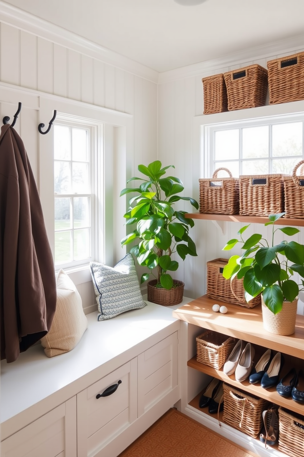 A charming mudroom filled with natural light. The space features a bench with soft cushions and hooks above for hanging coats. Wicker baskets are neatly arranged on a wooden shelf, providing stylish storage for shoes and accessories. A vibrant green plant sits in the corner, adding a touch of freshness to the decor.