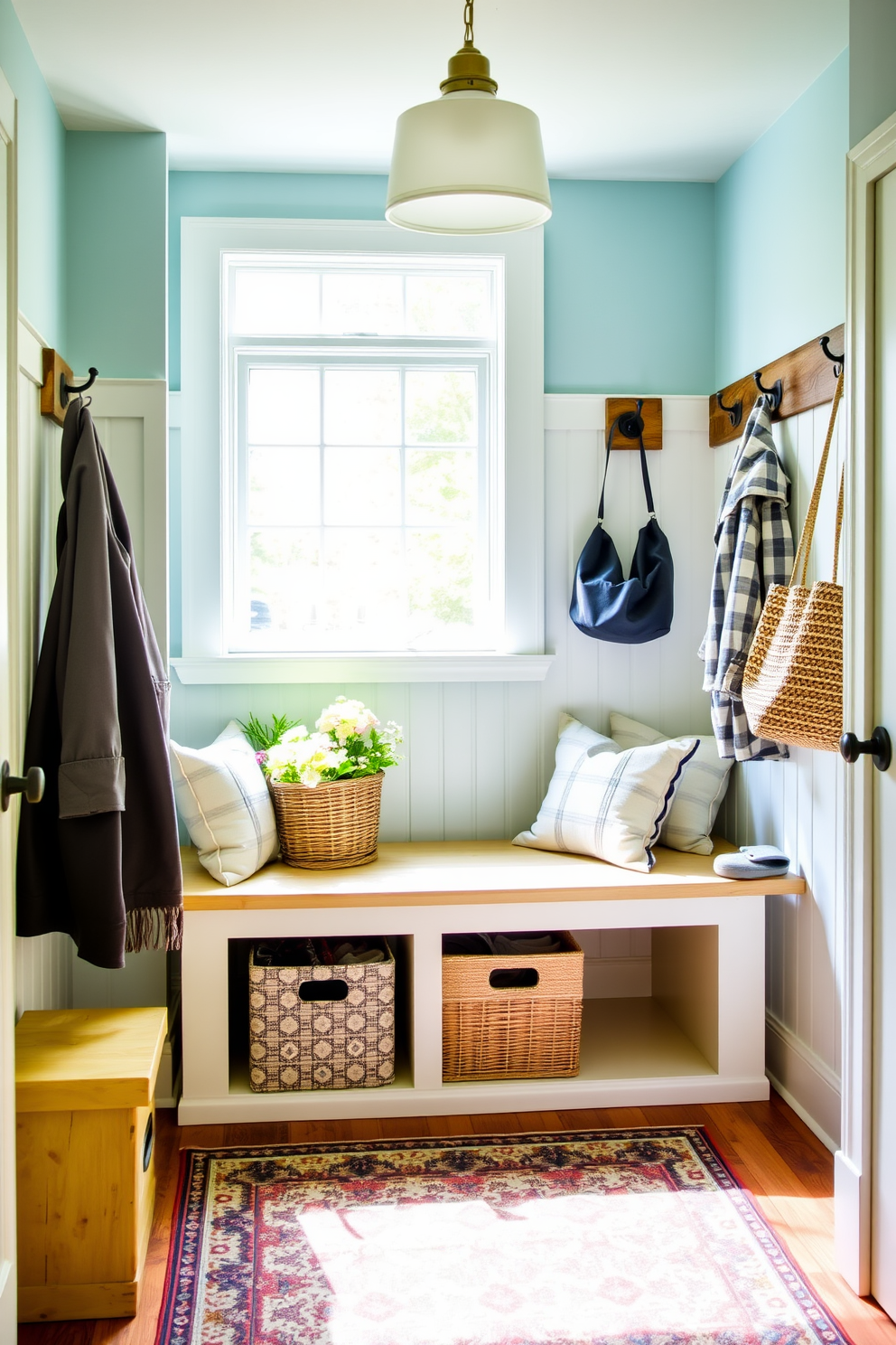 A bright and inviting mudroom features walls painted in light airy shades of soft blue and pale yellow. The space is adorned with rustic wooden hooks for coats and bags, complemented by a cozy bench with plush cushions. Natural light floods in through a large window, illuminating a woven basket filled with fresh flowers. A patterned rug adds warmth underfoot, while decorative storage bins keep the area organized and stylish.