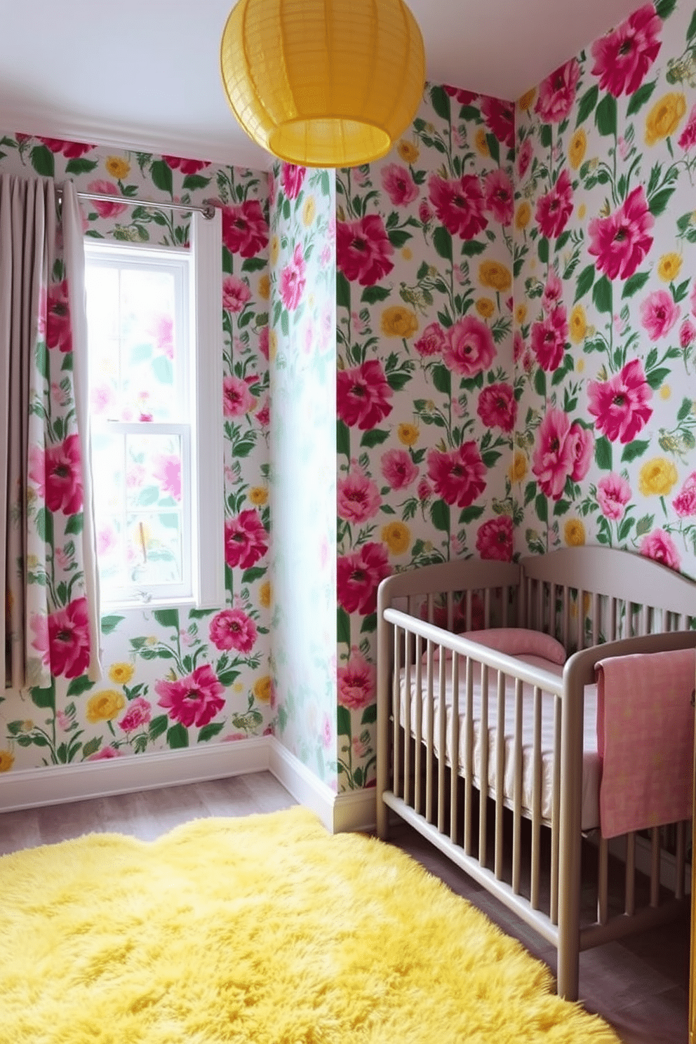 Bright floral wallpaper adorns the walls, featuring a vibrant mix of pinks, yellows, and greens that create a cheerful atmosphere. A cozy crib with soft pastel bedding sits against one wall, while a plush area rug in light yellow adds warmth to the space.