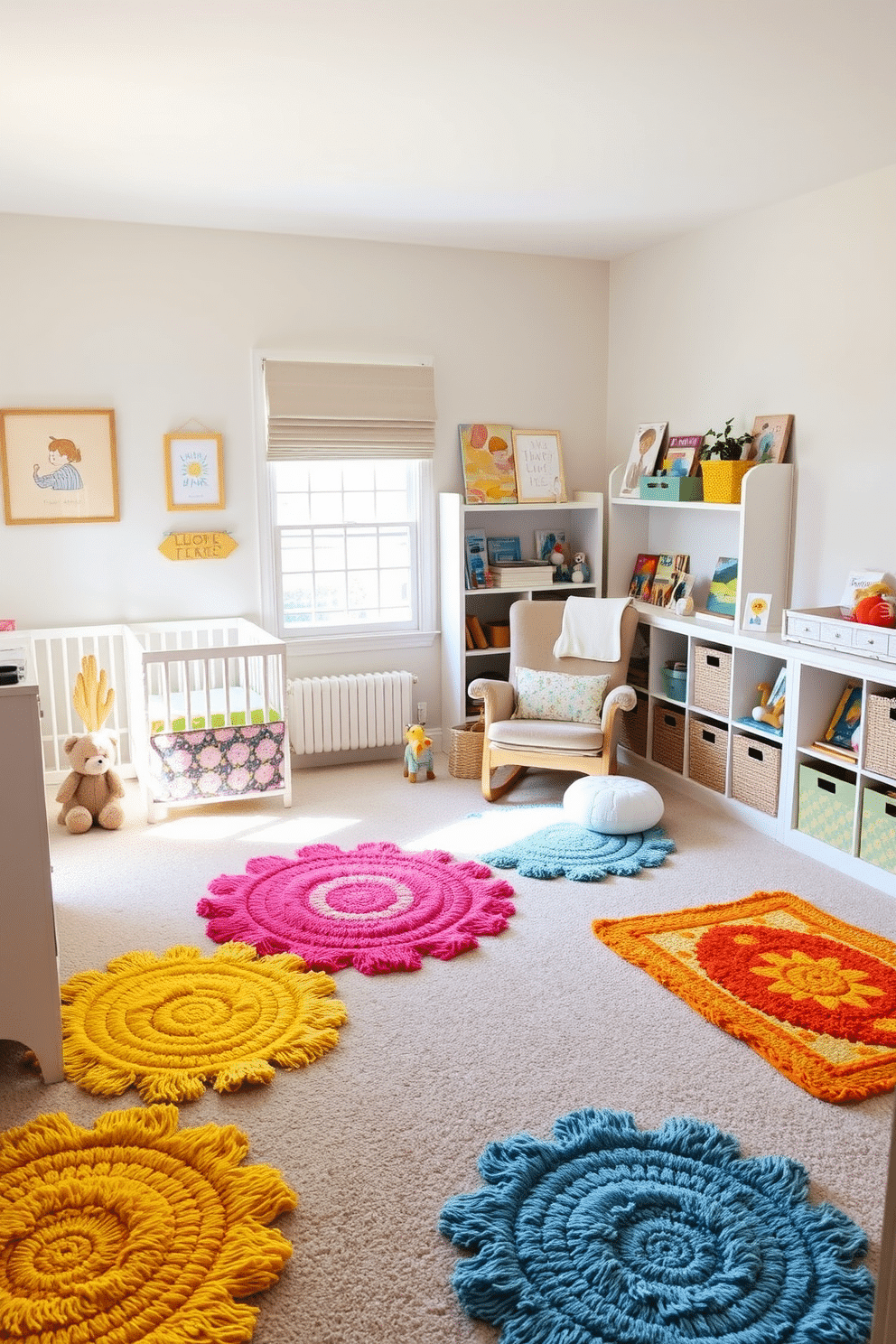 A cozy nursery filled with natural light features colorful rugs scattered across a soft, neutral carpet. The walls are painted in a gentle pastel shade, and whimsical artwork adorns the space, creating a cheerful atmosphere. Plush, patterned rugs in shades of yellow, pink, and blue bring warmth and texture to the room. A comfortable rocking chair sits in the corner, surrounded by shelves filled with children's books and toys, making it a perfect spot for reading and bonding.