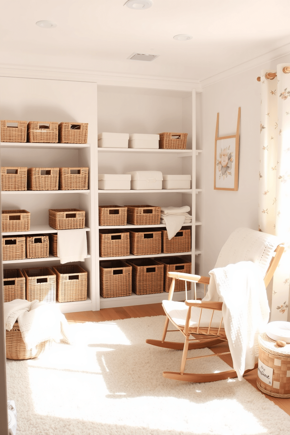 A serene nursery filled with natural light featuring soft pastel colors. The room is decorated with bamboo storage baskets neatly arranged on shelves, providing an organized and calming atmosphere. Delicate floral patterns adorn the walls, complemented by plush rugs and cozy blankets. A comfortable rocking chair is placed in the corner, creating a perfect reading nook for parents and their little ones.