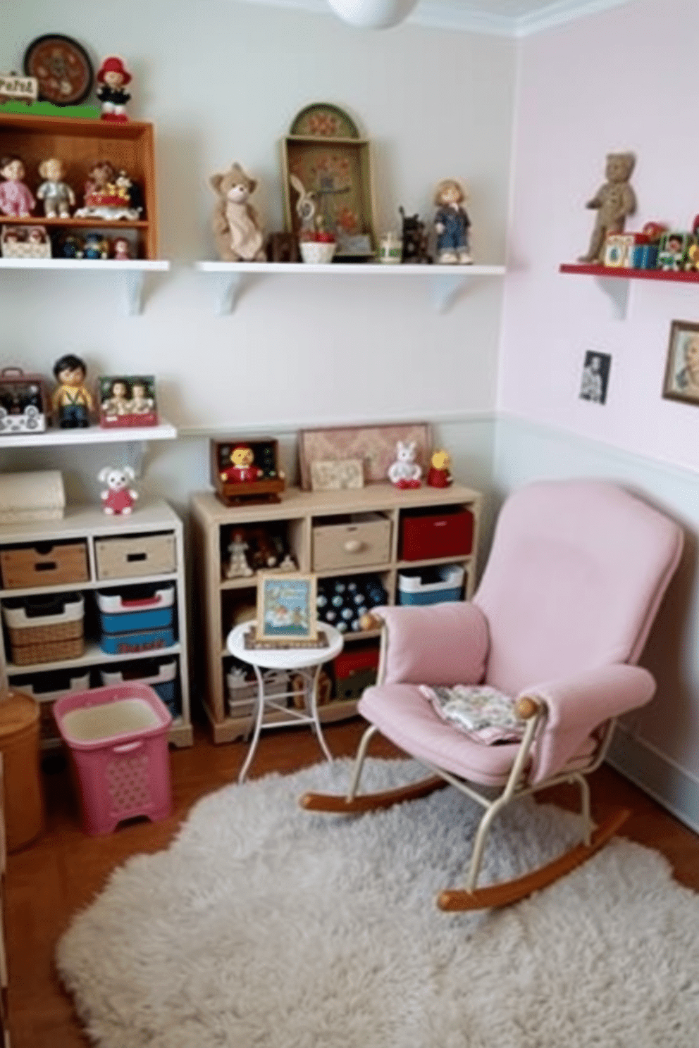 A charming nursery decorated with vintage toys strategically placed on shelves and tabletops. Soft pastel colors dominate the walls, creating a warm and inviting atmosphere. A cozy rocking chair sits in the corner, accompanied by a small side table holding a classic children's book. The floor is adorned with a plush area rug, providing a comfortable space for play and relaxation.