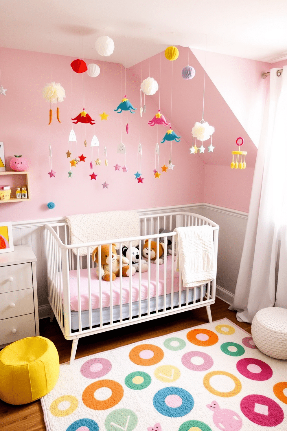 A whimsical nursery filled with colorful mobiles that dance gently overhead. Soft pastel colors adorn the walls, creating a dreamy atmosphere perfect for inspiring imagination. The room features a cozy crib with a plush blanket and stuffed animals nestled inside. A playful rug with fun patterns adds warmth to the space, inviting little ones to explore and play.