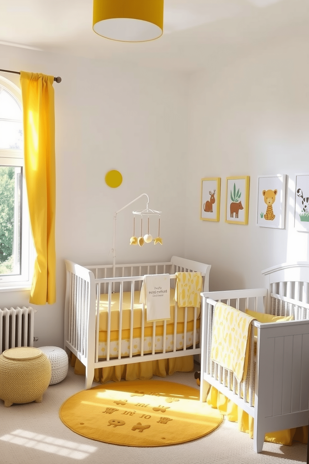 A bright and airy nursery filled with sunshine yellow accents creates a cheerful and inviting atmosphere. The walls are painted in soft white, and playful yellow curtains frame the windows, allowing natural light to flood the room. A cozy crib with a soft yellow bedding set is positioned against one wall, complemented by a whimsical mobile hanging above. Colorful artwork featuring animals and nature adorns the walls, adding a playful touch to the overall design.