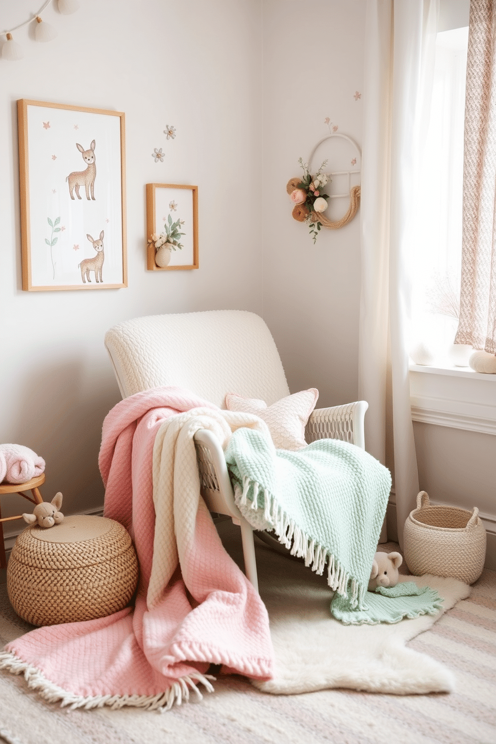 A cozy spring nursery filled with soft wool blankets in pastel colors draped over a plush rocking chair. The walls are painted in a light, airy hue, adorned with whimsical animal prints and delicate floral accents.