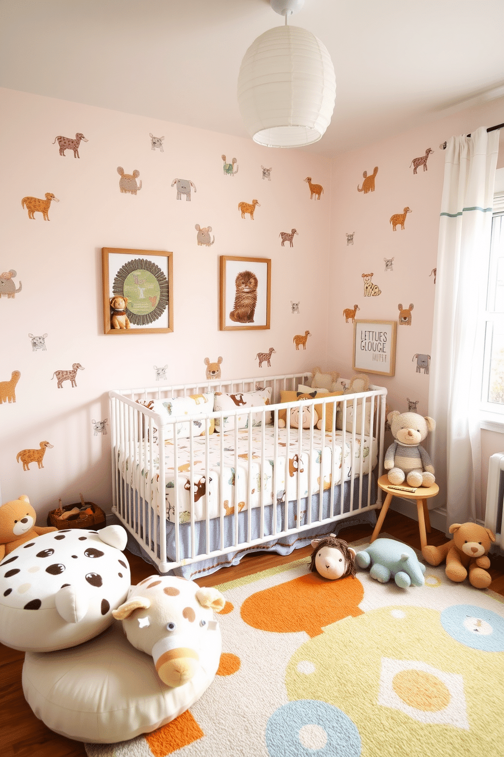 A whimsical nursery filled with animal-themed decor brings a playful charm to the space. Soft pastel colors dominate the walls, featuring cute animal illustrations that create a cheerful atmosphere. The crib is adorned with bedding that showcases playful animal prints, complemented by plush toys scattered around. A cozy reading nook with a colorful rug and animal-shaped cushions invites children to explore their imagination.