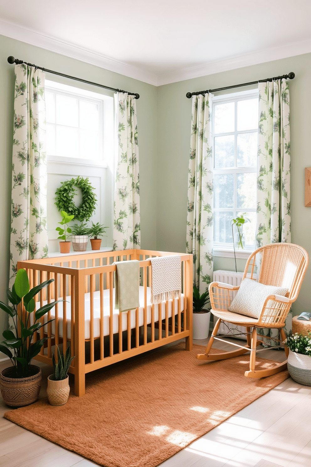 A serene nursery setting inspired by nature with soft greens and gentle blues. The walls are painted in a light sage color, complemented by a natural wood crib and a cozy rocking chair. Floral-patterned curtains frame the windows, allowing soft light to filter in. A plush area rug in earthy tones adds warmth to the space, while potted plants bring a touch of life and freshness.