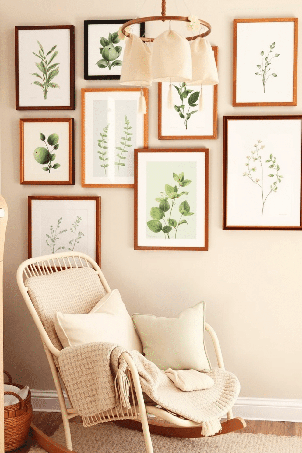 Framed botanical prints adorn the walls, bringing a touch of nature indoors and creating a classic aesthetic. The prints are arranged in a gallery style, featuring various green hues and delicate floral designs that enhance the serene ambiance. Soft pastel colors dominate the nursery decor, with a gentle palette of mint greens, blush pinks, and soft yellows. A cozy rocking chair sits in the corner, surrounded by plush cushions and a whimsical mobile hanging above, adding charm and comfort to the space.