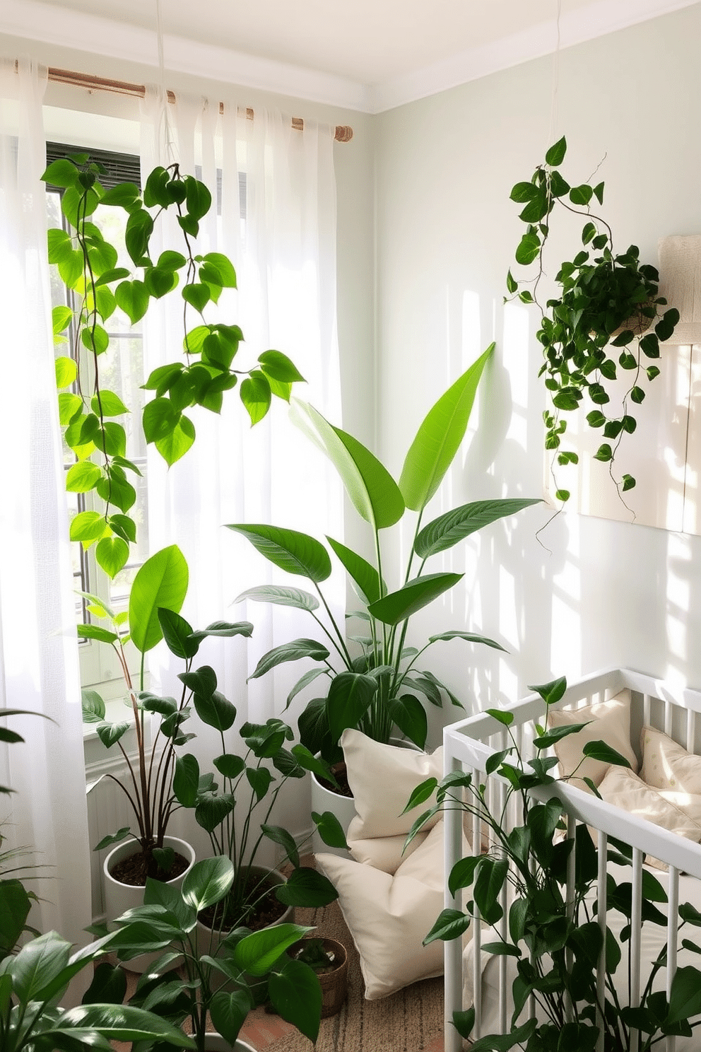 Lush greenery fills the room, creating a serene and calming environment. Soft natural light filters through sheer curtains, highlighting the vibrant leaves of various plants placed throughout the space. The nursery features a gentle color palette with pastel accents, enhancing the peaceful atmosphere. A cozy reading nook is adorned with plush cushions and a small bookshelf, inviting quiet moments of connection and exploration.