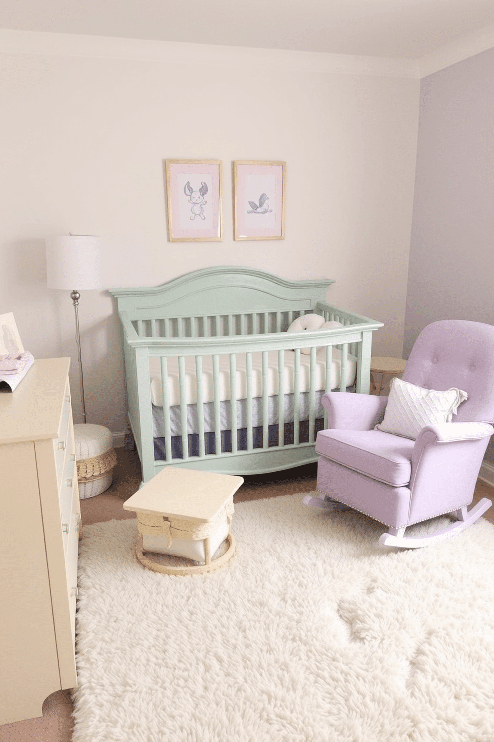 A serene nursery filled with pastel colored furniture creates a calming atmosphere. The crib is a soft mint green, accompanied by a lavender rocking chair and a pale yellow changing table. Delicate wall art in soft hues of pink and blue adorns the walls, adding a gentle charm. A plush area rug in a light cream shade anchors the space, providing a cozy play area for the little one.