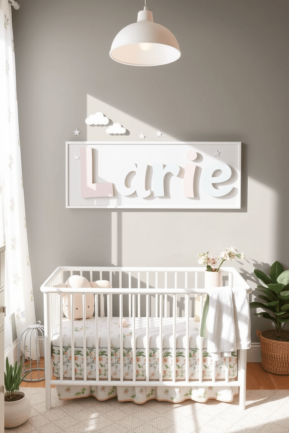 Personalized name wall art featuring soft pastel colors and whimsical designs. The artwork includes playful elements like clouds, stars, and animals to create a cheerful atmosphere in the nursery. Spring nursery decorating ideas that incorporate floral patterns and light fabrics. The space is brightened with natural light, and accents of greenery are added through potted plants and floral arrangements.