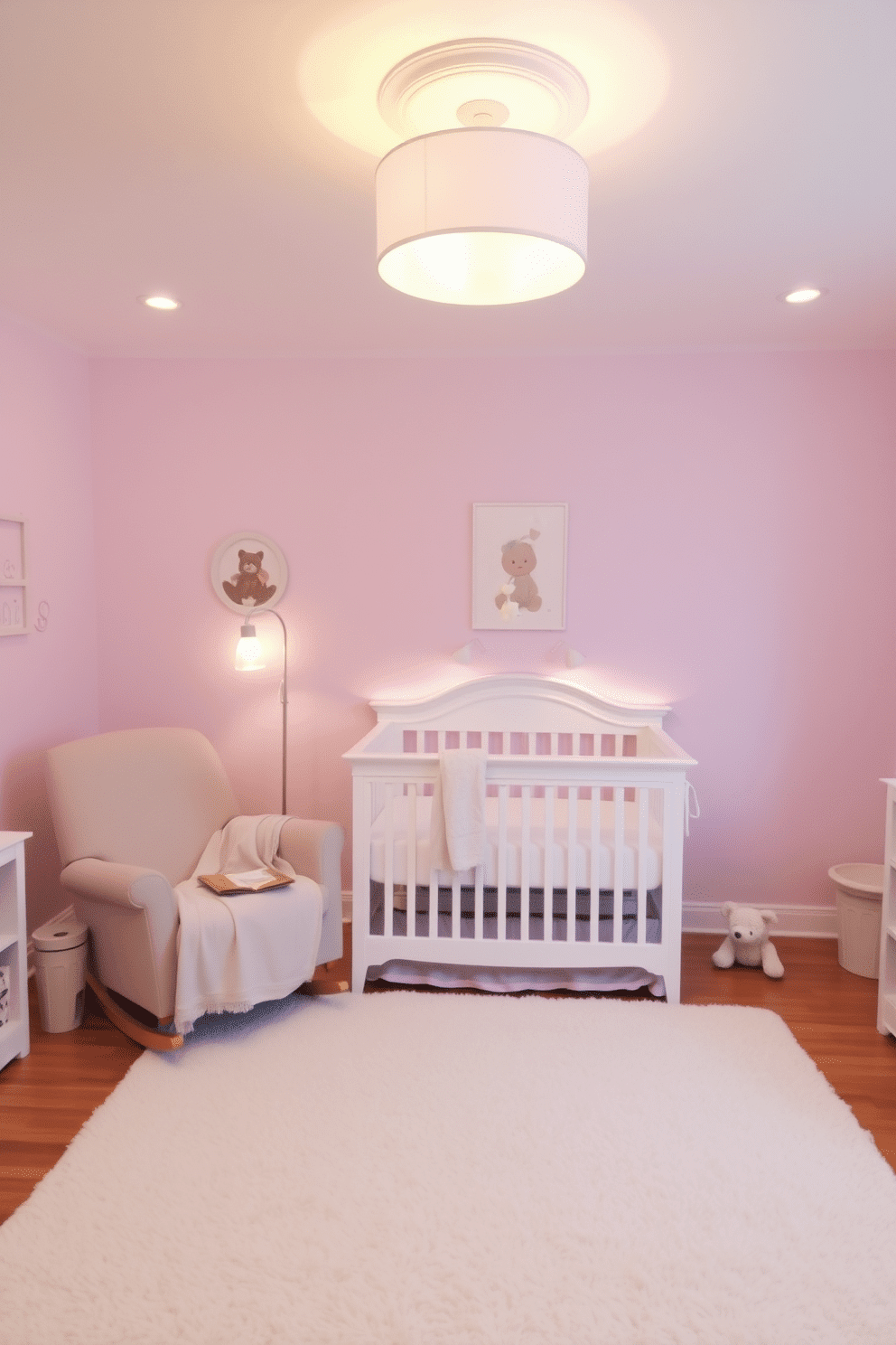 A cozy nursery filled with soft pastel colors and gentle lighting fixtures that create a warm glow. The walls are painted in a light lavender hue, and a plush area rug covers the hardwood floor. A comfortable rocking chair sits in one corner, draped with a soft blanket. A whimsical mobile hangs above the crib, complementing the cheerful decor throughout the space.