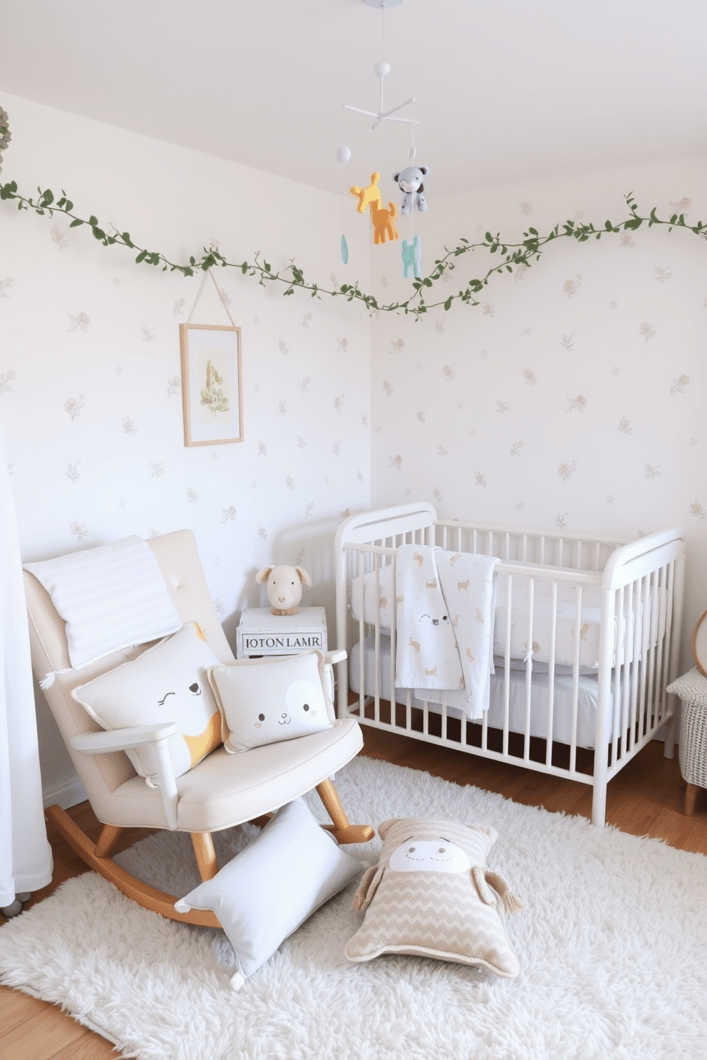 Cute animal cushions in soft pastel colors are scattered across a cozy rocking chair and a plush area rug. The nursery features light, airy walls adorned with whimsical animal prints, creating a cheerful and inviting atmosphere. Spring nursery decorating ideas include hanging delicate floral garlands above the crib and using soft, breathable fabrics for bedding. A playful mobile with colorful animal shapes gently sways above, adding a touch of whimsy to the space.