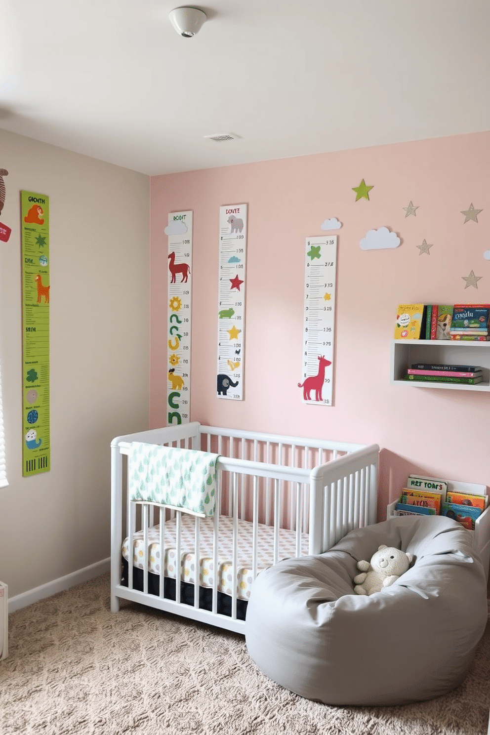 A whimsical nursery adorned with playful growth charts featuring colorful animal designs. The walls are painted in soft pastel shades, and a cozy crib with a patterned bedding set sits in the corner. A cheerful reading nook includes a plush bean bag chair and a small bookshelf filled with vibrant children's books. Decorative wall decals of clouds and stars add a touch of magic to the space.