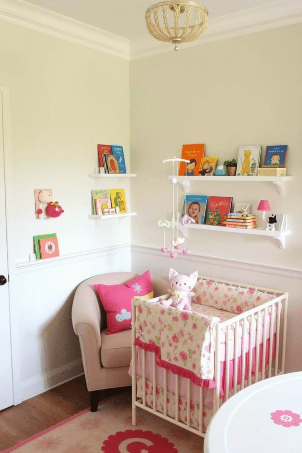 Charming book nook with bright cushions. A cozy armchair is nestled in the corner, surrounded by shelves filled with colorful children's books and playful decor. Spring nursery decorating ideas. Soft pastel colors adorn the walls, while a whimsical mobile hangs above a crib adorned with floral bedding and plush toys.