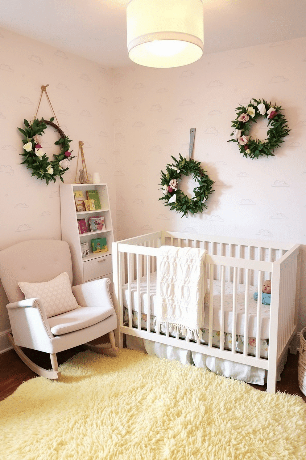 Create a cozy spring nursery filled with soft pastel colors and playful patterns. The walls are adorned with whimsical wallpaper featuring clouds and stars, while a comfortable rocking chair sits in the corner next to a small bookshelf filled with children's books. Incorporate seasonal wreaths made of fresh flowers and greenery on the door and above the crib for a welcoming touch. A plush area rug in a light yellow hue anchors the space, providing a soft play area for the little one.