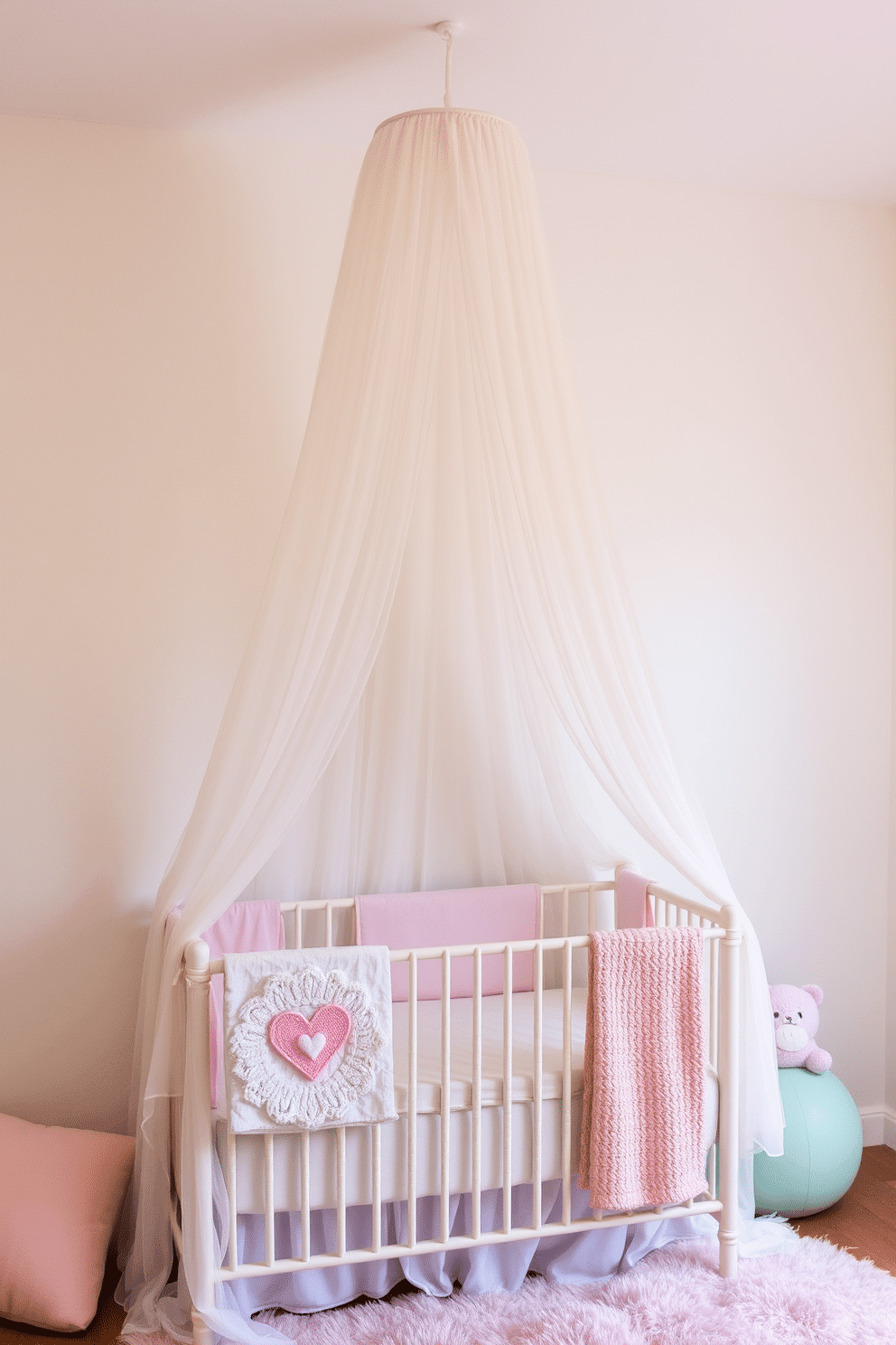 A dreamy canopy drapes gracefully over a cozy crib, creating a serene and inviting atmosphere. Soft pastel colors adorn the walls, complemented by plush textiles and whimsical decor that evoke a sense of tranquility and warmth.