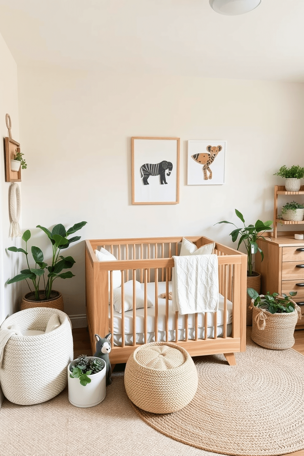 A serene nursery filled with sustainable decor elements that promote eco-friendliness. The walls are painted in soft pastel colors, and natural wood furniture is used to create a warm and inviting atmosphere. A cozy crib made from reclaimed wood is adorned with organic cotton bedding. Potted plants and natural fiber rugs add a touch of nature, while wall art features animal prints created from recycled materials.