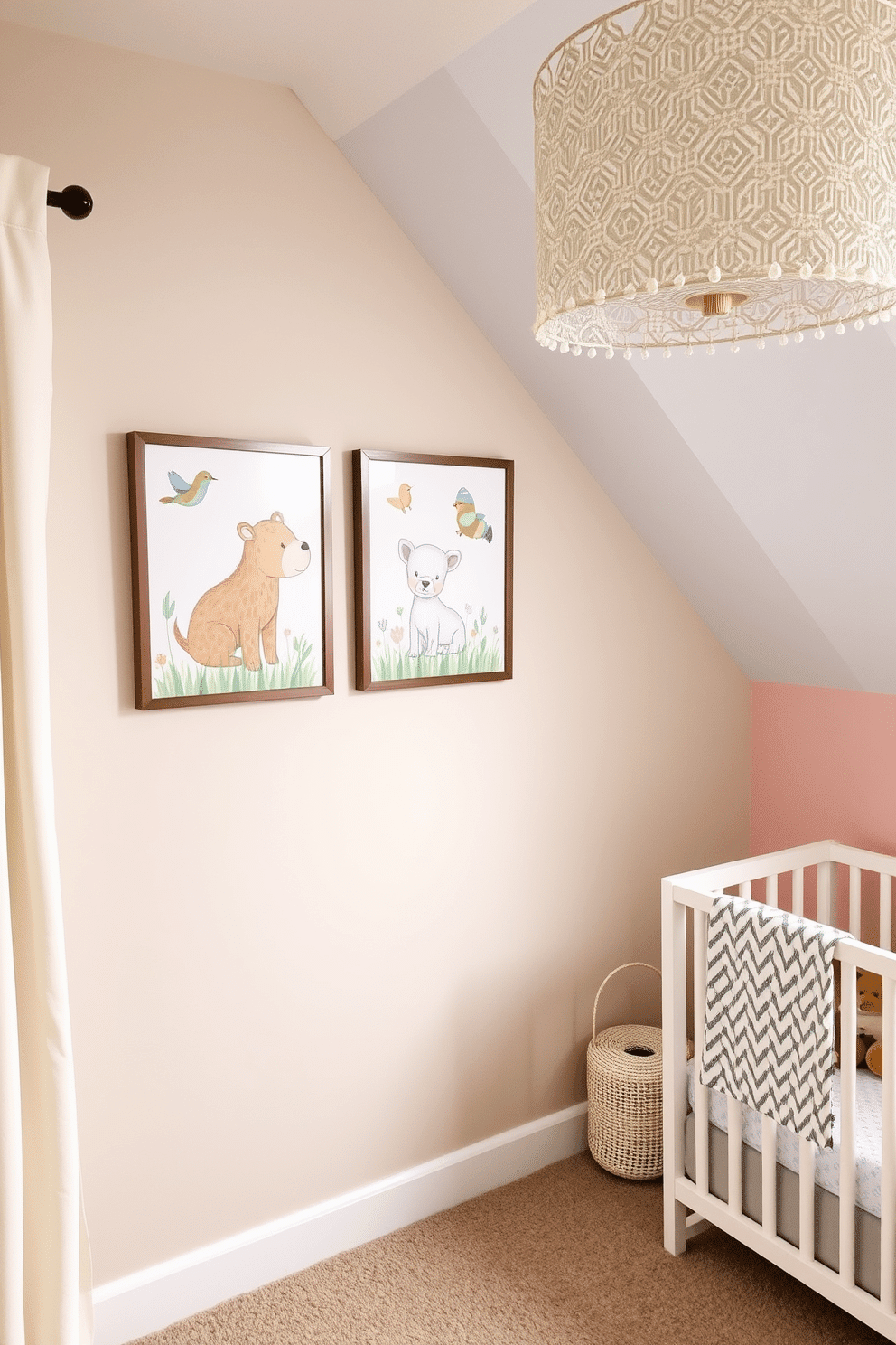 A serene nursery adorned with nature-inspired wall art featuring baby animals. The walls are painted in soft pastel colors, creating a calming atmosphere for a young child.